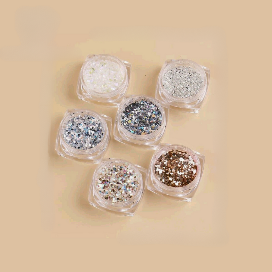 Belle Beauty collection of six nail art glitters.