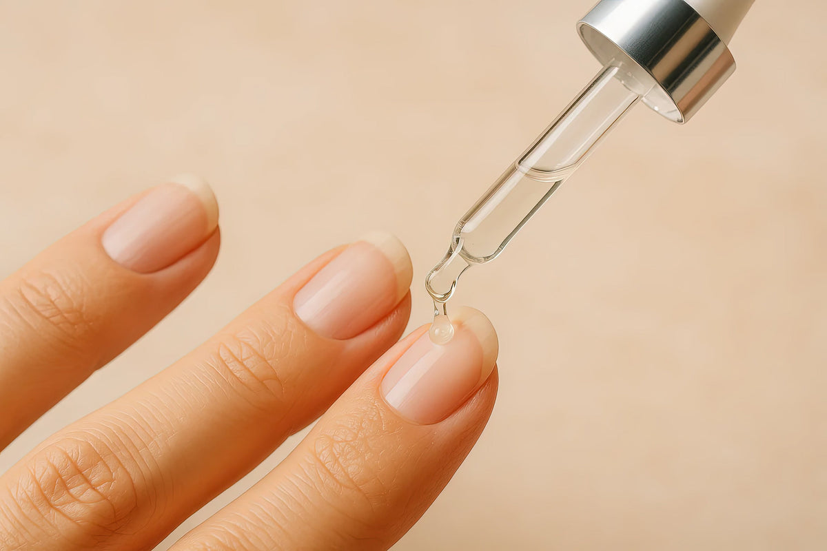 Pipette trägt Nagelöl auf natürliche, gesunde Fingernägel auf.