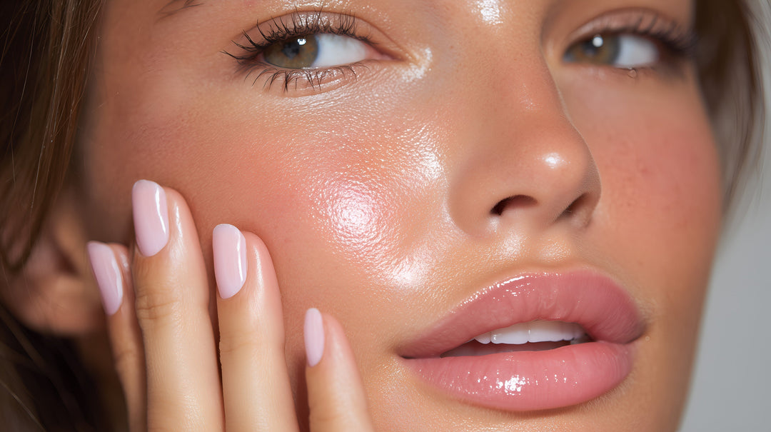 glowy skin girl with aesthetic pink colour nails