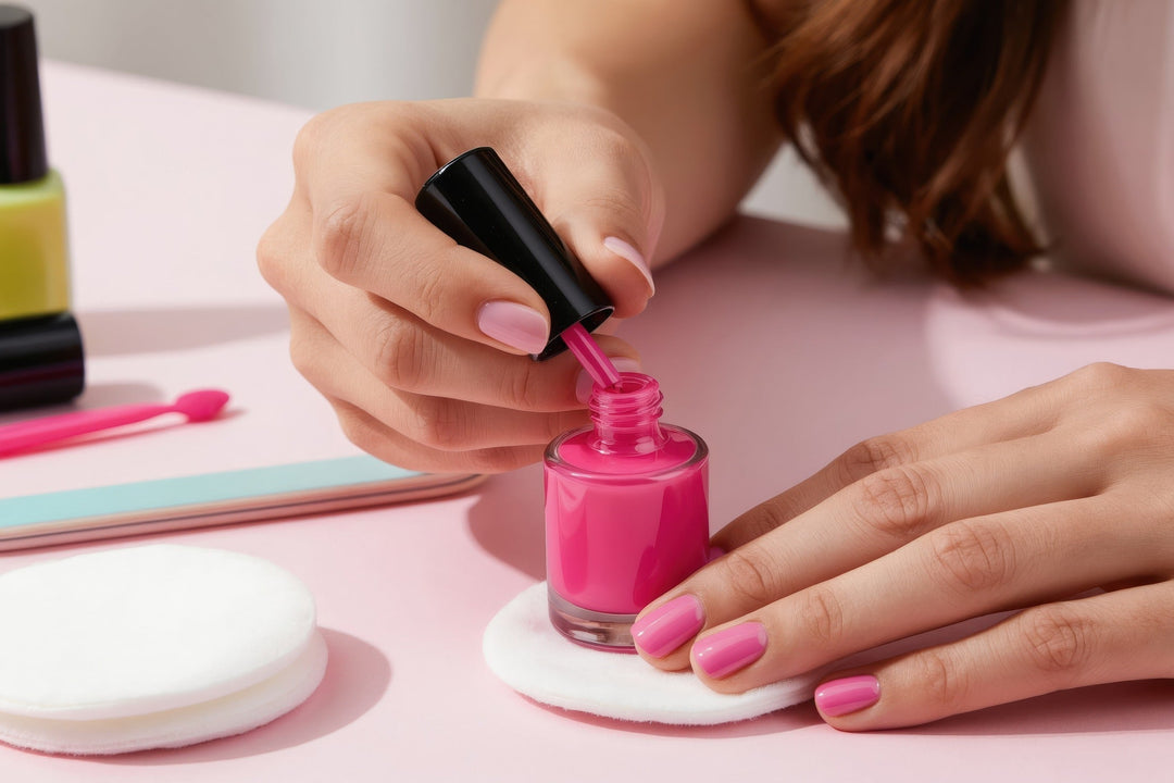 woman applying pink nail polish