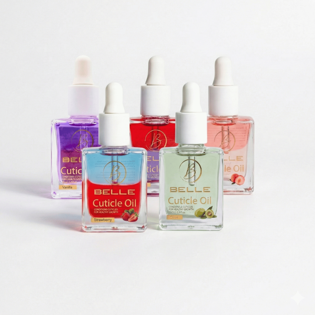 Belle Beauty Cuticle Oil range arranged in a set