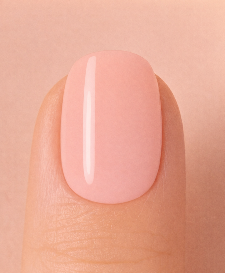 Close-up of a pink nail on a beige background