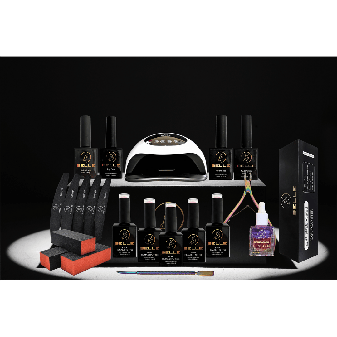 Belle Beauty BIAB Kit with 180W UV/LED lamp, five BIAB shades and prep tools
