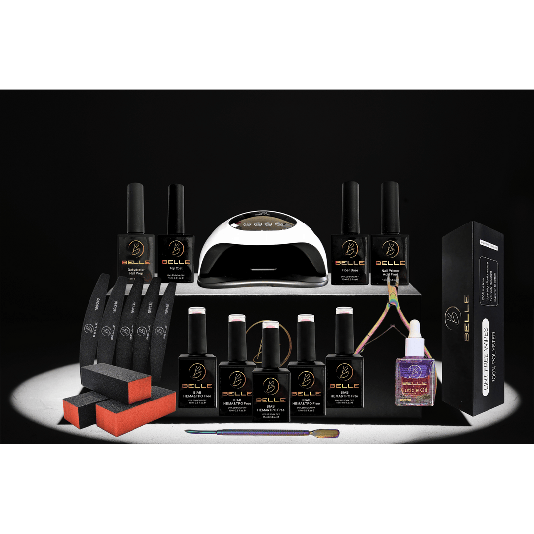Belle Beauty BIAB Kit with 180W UV/LED lamp, five BIAB shades and prep tools