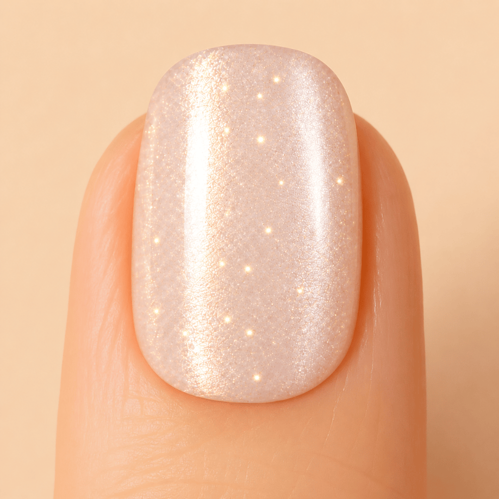 A close-up of a fingernail with a glossy, iridescent pearl shimmer nail polish in a warm champagne-pink shade.