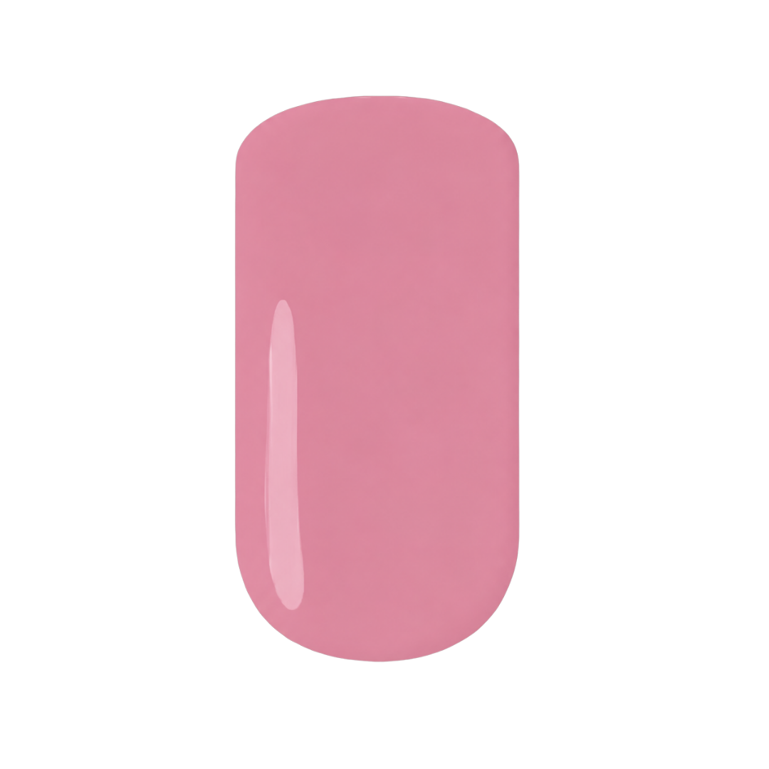 A glossy, rounded swatch of dusty rose pink gel nail polish on a solid white background.