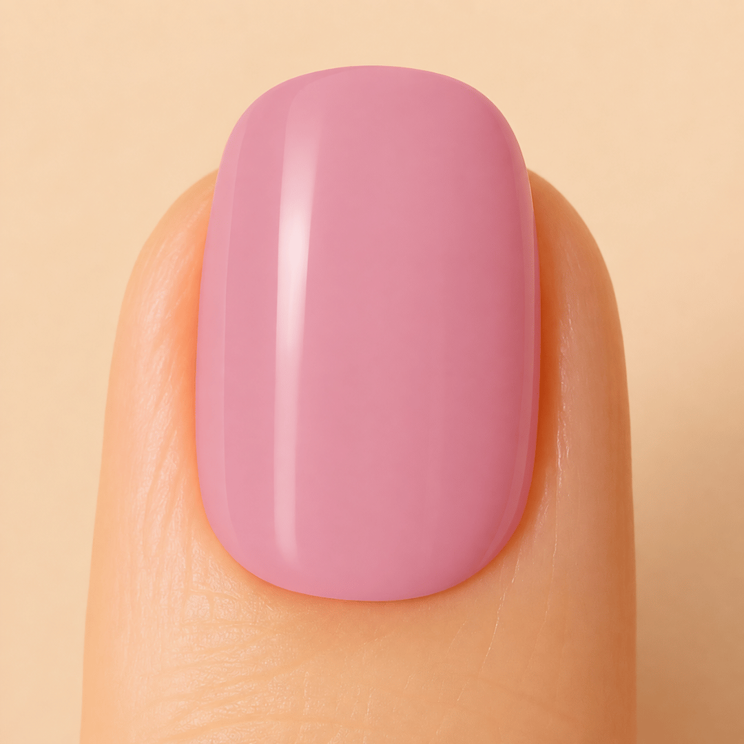 A close-up of a fingernail with a smooth, glossy, rounded square shape painted in a soft dusty pink color, set against a solid light beige background.