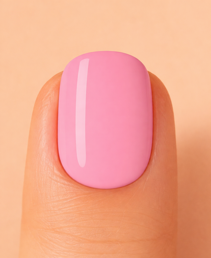 Close-up of a pink nail on a peach-coloured background