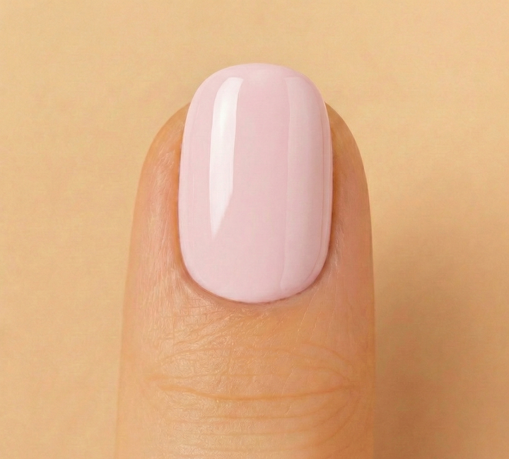 Close-up of a finger with a light pink nail on a beige background